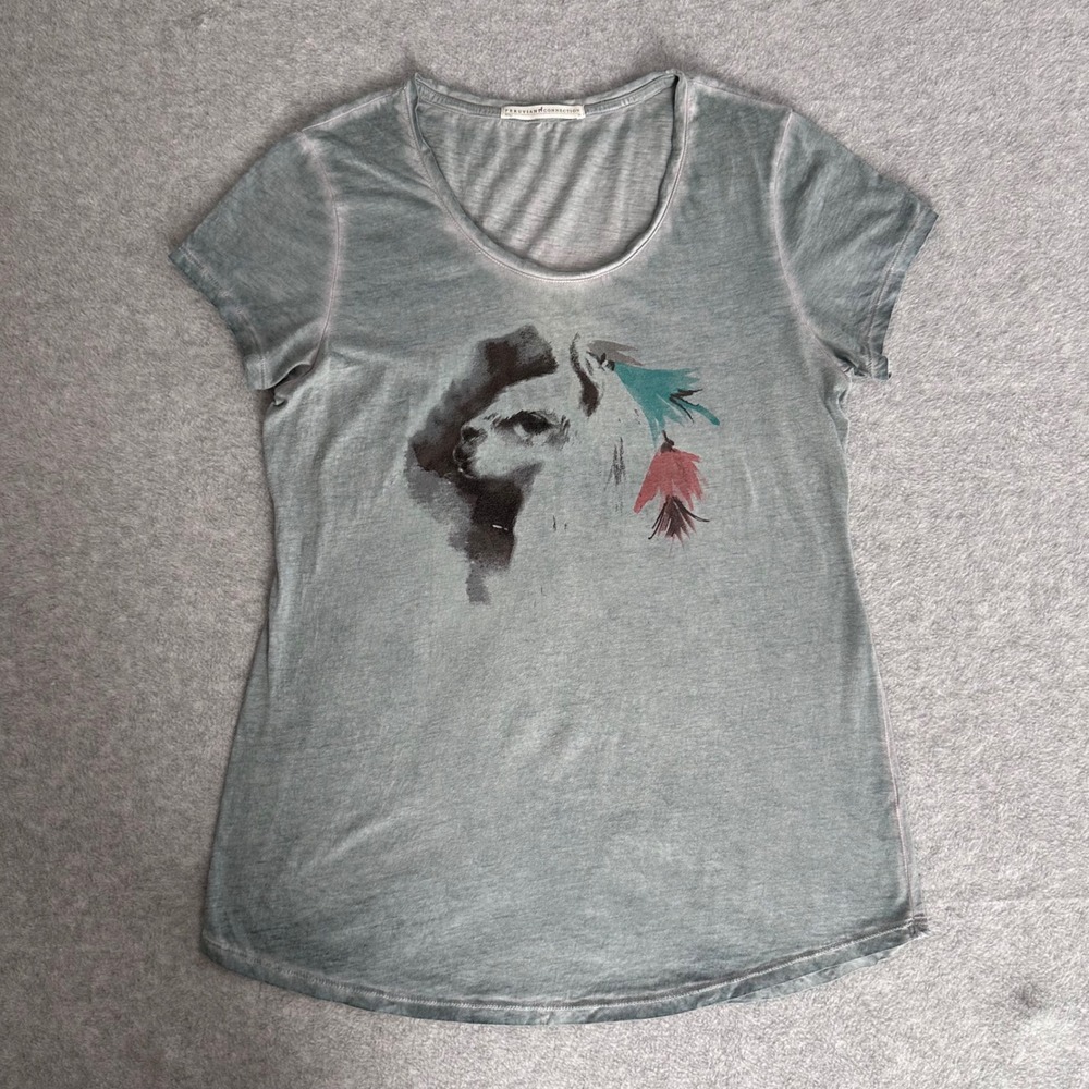 Peruvian Connection Med Mineral Washed Green Llama Graphic T-Shirt Cotton Indie